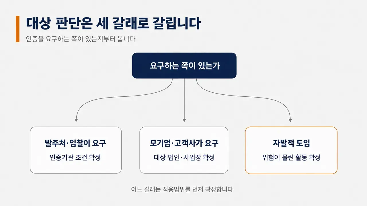 요구하는 쪽이 있는지를 첫 분기로 두고 발주처 요구·고객사 요구·자발적 도입 세 갈래와 각 갈래에서 먼저 확정할 항목을 보여 주는 분기 도해