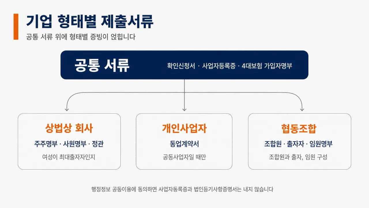 공통 서류에서 상법상 회사·개인사업자·협동조합으로 갈라지는 제출서류와 확인 초점을 정리한 슬라이드
